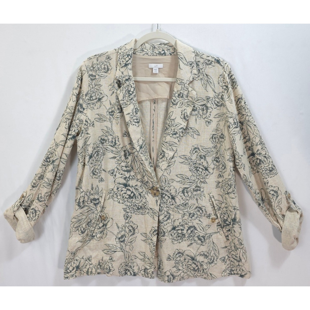 J Jill Blazer Linen Blend Beige Green Floral Toile Roll Tab S Office Neutral